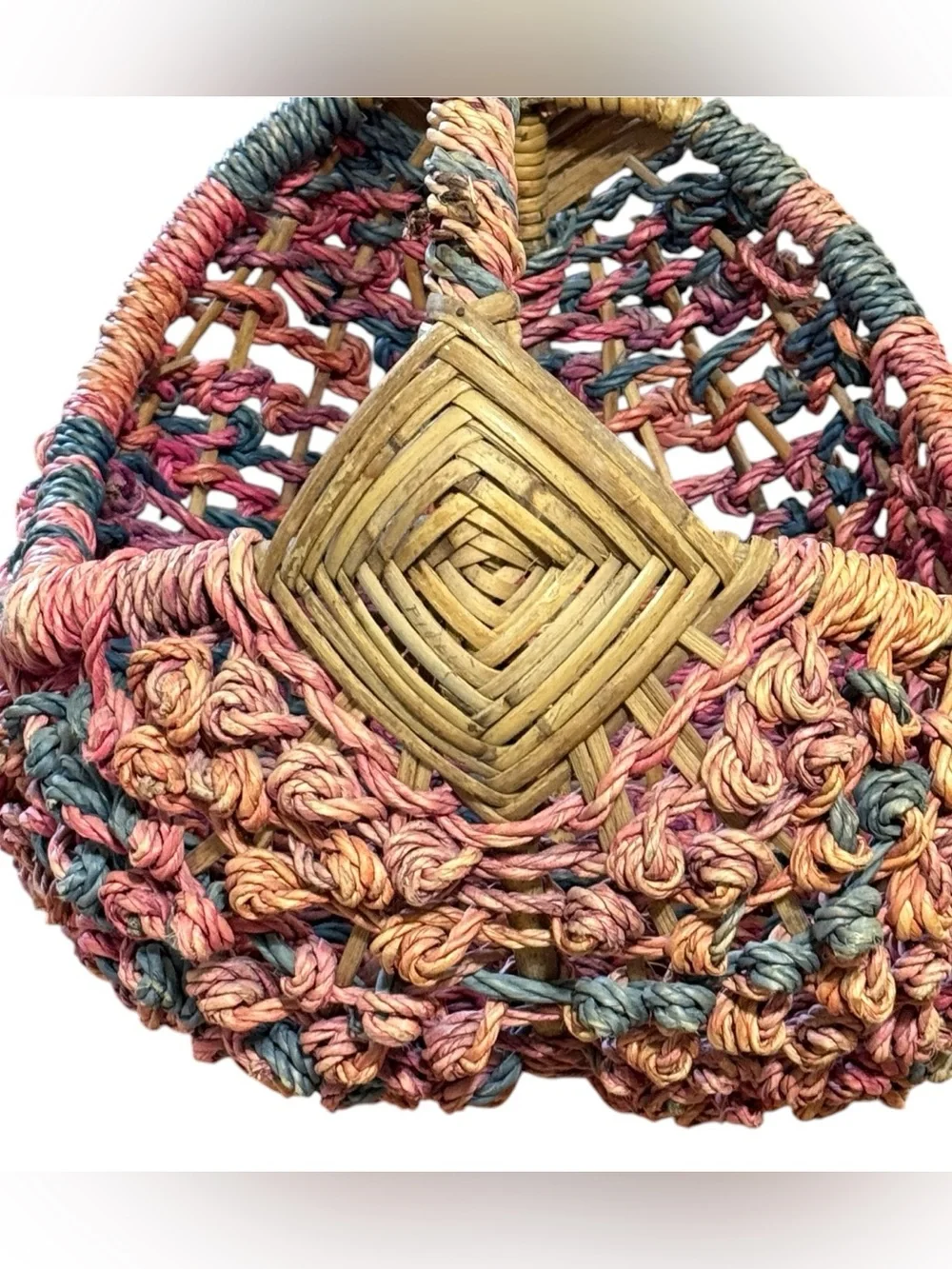 Large Colorful Woven Boho Boat Basket Pink Purple Teal and Tan  22” x 18” x 14”
